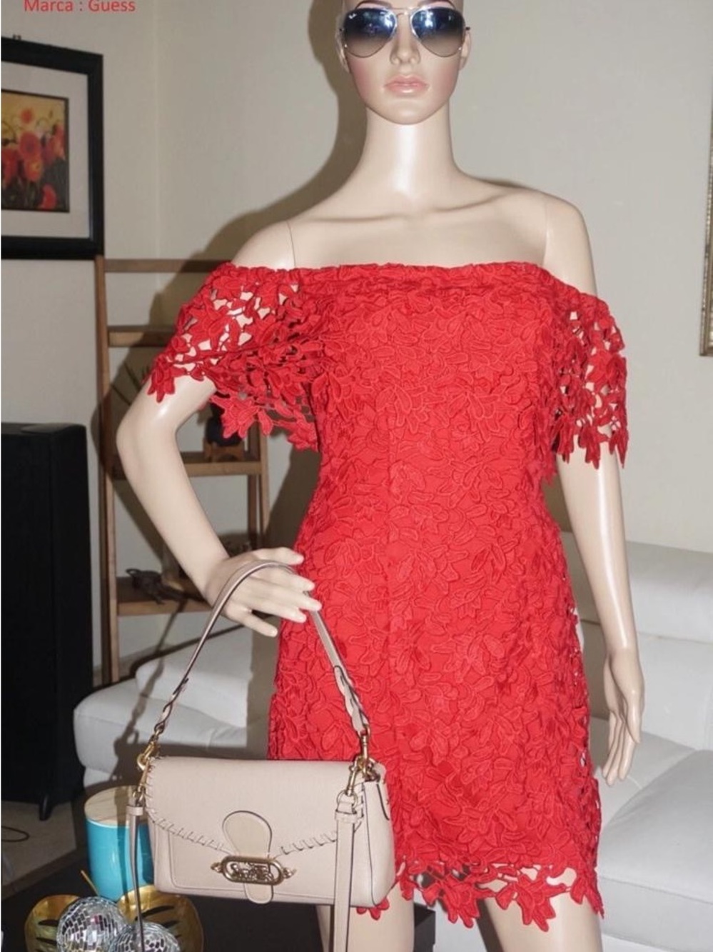 Guess Red One-Shoulder Floral Lace Mini Dress